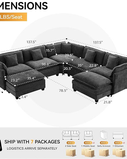 137'' V Shaped Cloud Sectional Sofa, Oversized Deep Seat Couches for Living Room, Chenille Comfy Upholstered Modular Sectional Sofa Couch with 2 Movable Ottoman, Dark Grey