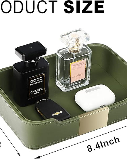 SANZIE Luxury Leather Tray Desktop Storage Catchall Organizer Decorative Tray for Entryway Table to Hold Jewelry Watch Keys Phone Wallet (Metal Glided, Dusty Green)