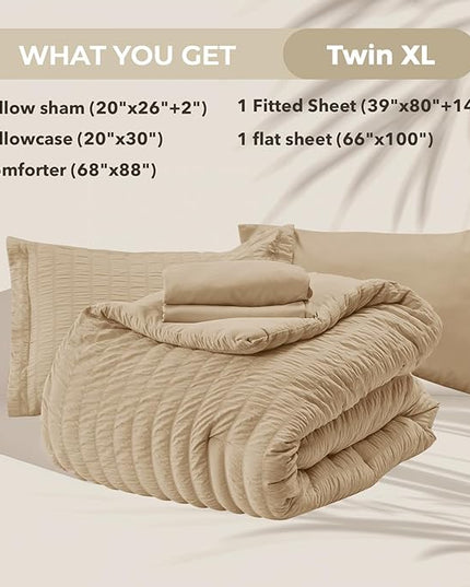 HYMOKEGE Khaki Twin XL Comforter Set Seersucker 5 Pieces, All Season Luxury Bed in a Bag for Bedroom, Bedding Set with Comforter, Sheets, Pillowcase & Sham