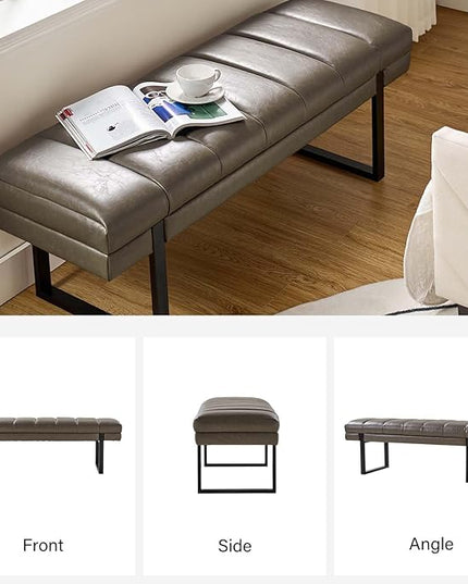 HULALA HOME 53" Faux Leather Entryway Bench, Button Tufted End of Bed Bench Ottoman for Bedroom, Living Room with Metal Base, Grey