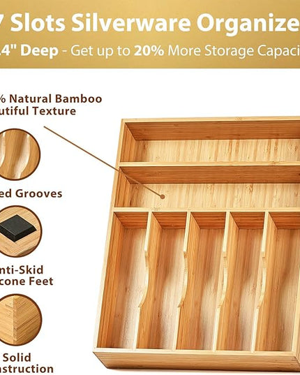 Umilife Kitchen Drawer Organizer, 12.5 Inch Silverware Utensil Tray Holder, Extra Deep, with Non-Slip Feet & Grooved Drawer Divider, 7 Slots Total Bamboo Wood Caddy for Flatware Cutlery Knives