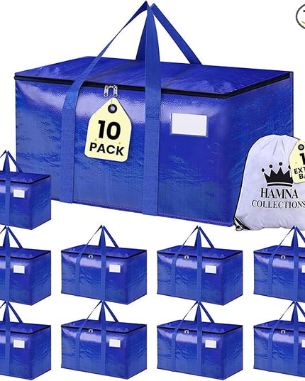 10 Pack Extra Large Moving Bags with Strong Zipper & Handles - Heavy Duty Clothes Storage Tote Bins - Moving Boxes for Space Saving, College Supplies