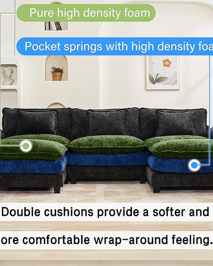 120" Modular Sectional Sofa, Comfy Cloud Couch Sectional Sofa with Ottoman, Chenille Sofa Sleeper Deep Seat Sofa with Throw Pillows for Living Room (Black, 120"- U Shape)