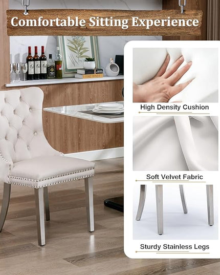 7 Piece Dining Table Set with 6 Beige Dining Chairs, Modern Glass Kitchen Table and Chairs Set for 6, 70" Rectangle Silver Glass Pedestal Dining Room Tables with Flash-Shape Stainless Steel Base