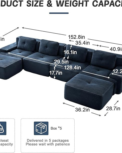 Hommoo Oversized Modular Sectional Sofa, 8 Seat Sleeper Sofa Bed, Comfy Corduroy Couch with Deep Seat, 153”Convertible Boneless Couch with Ottoman for Living Room No Assembly Required Blue