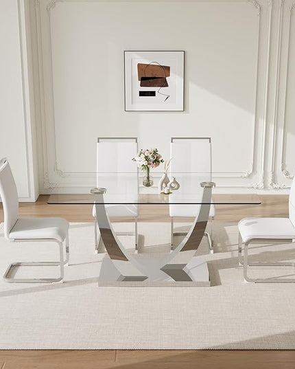 63” Glass Dining Table Set for 4,Modern Dining Room Table Set for 4, Kitchen Table and PU Leather Chairs, Dinner Table with Rectangle Tempered Glass Top and Chrome Silver Base