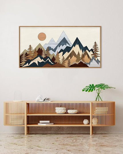 HOURIA Mid Century Mountain Woodland Framed Wall Art Set,Boho Sunrise Pine Tree Wall Decor,Wilderness Nature Forest Artwork,Modern Woodcut Field Art Print for Living Room,Bedroom,Office- 20"x40"x1