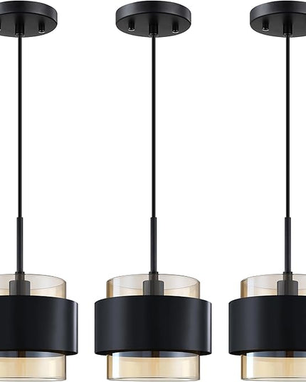 3 Pack 1 Light Hanging Kitchen Island Modern Industrial Farmhouse 6.5" Metal Shade Amber Glass Pendant Light Fixture,Black Finish Over Sink Restaurant bar Corridor