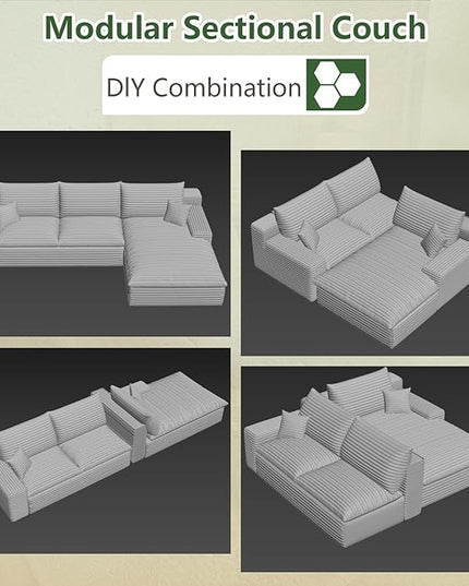 107" Cloud Couch Modular Sectional Sofa for Living Room, L-Shape Boneless Couch with Deep Seat, Modern Corduroy 3-Seater, No Assembly Required (Camel,Right-Facing Chaise)