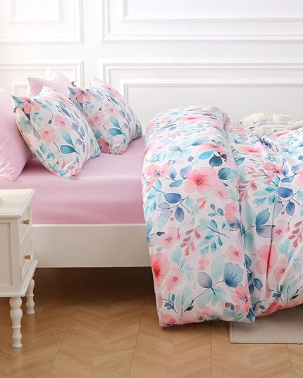 MUXHOMO Pink Blue Branch Bed in a Bag Queen 7 Pieces, Queen Comforter Set Reversible Botanical Flowers Design, Ultra Soft & Breathable Bedding Sets with Comforter, Sheets, Pillowcases & Shams