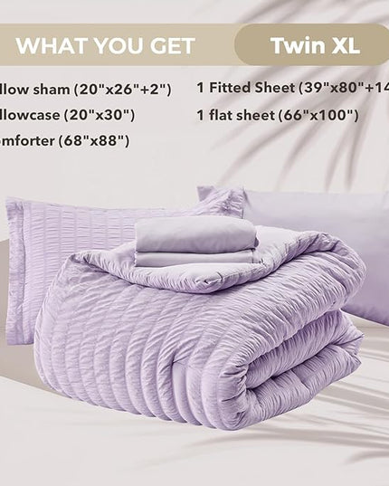 HYMOKEGE Lavender Twin XL Comforter Set Seersucker 5 Pieces, All Season Luxury Bed in a Bag for Bedroom, Bedding Set with Comforter, Sheets, Pillowcase & Sham