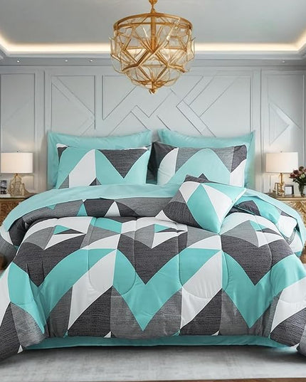 Bedbay Teal and Grey Comforter Set 8 Pieces King Size Bed in a Bag Geometric Chevron Teal Comforter Set with Sheets Soft Lightweight Bed Set Western Bedding