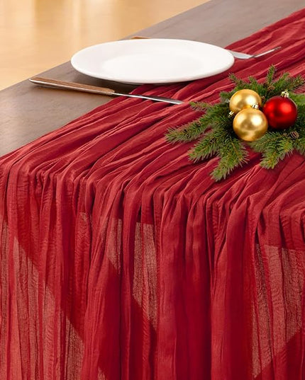 Socomi Red Christmas Cheesecloth Table Runner Boho Rustic Gauze 120 inch 10FT Cheese Cloth Runner for Wedding Party Baby Shower Birthday Home Decor Holiday Decorations