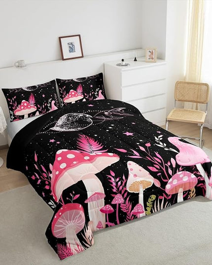 Mushroom Kids Comforter Set King Size,Sun Moon Starry Sky Planet Romantic Bedding Set,Boys Girls Adults Room Decor,Plants Leaves Boho Trippy Down Comforter,Pink Dreamy Duvet Insert,2 Pillowcases