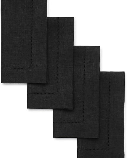 Solino Home Black Linen Napkins Set of 4-100% Pure Linen Hemstitch Dinner Napkins 20 x 20 Inch for Winter, Christmas, Holiday, New Year - Classic Hemstitch