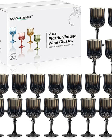 XUWAIDSGN 7oz Plastic Vintage Wine Glasses Drinking Glasses Unbreakable Wedding Glassware Crystal Water Goblets Reusable Drinkware Vintage Champagne Flutes (24, Black)