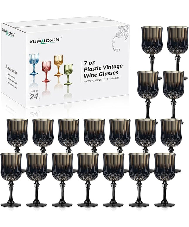XUWAIDSGN 7oz Plastic Vintage Wine Glasses Drinking Glasses Unbreakable Wedding Glassware Crystal Water Goblets Reusable Drinkware Vintage Champagne Flutes (24, Black)