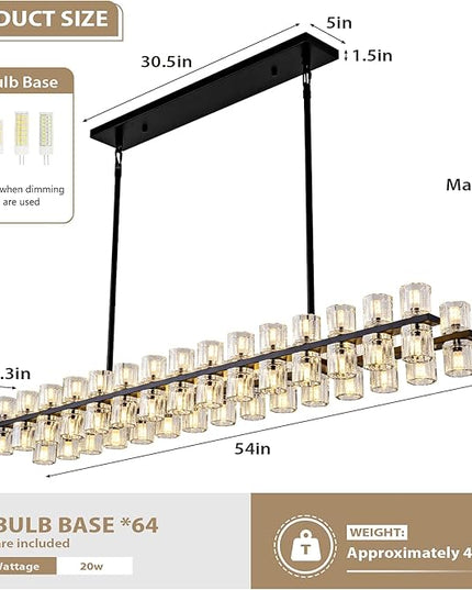 Crystal Black Rectangular Chandelier for Dining Room, 54in Chandeliers Over Table, Modern Chandelier Rectangle Contemporary Pendant Light Fixture for Kitchen Island Bar, Includes 60XG4 Bulbs