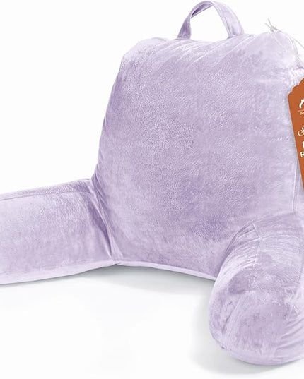 Sasttie Reading Pillow, Velvet Back Pillow for Bed Sitting Up, Adult Back-Rest Support Cushion with Arms for Sit Up on Couch, Sofa, and Floor, Dorm Essentials, Reading Accessories, Lavender
