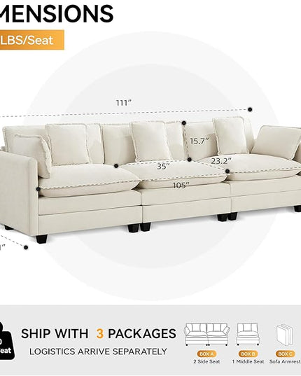 111'' Sectional Cloud Deep Seat Couch, Modern Comfy Chenille Modular Sectional Sofa for Living Room Set, Upholstered Modular 3-Seats Sofa Couch, Beige