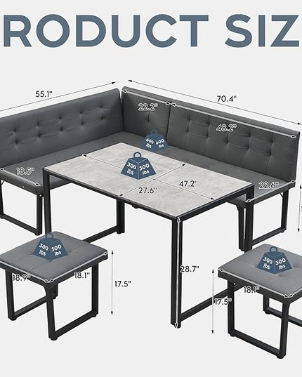 Brafab Corner Dining Table Set, 70 Inch Breakfast Nook Table Set with Upholstered Banquette, 5-Piece Corner Bench Dining Table Set, Gray
