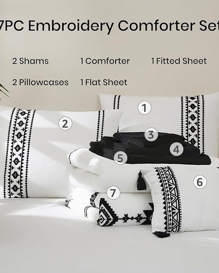 MaiRêve Embroidery Comforter Set, Boho Farmhouse Western Bedding Set, All Season Bed in A Bag Comforter Set with Sheets, Pillowcases & Shams, White California King 7 Pieces