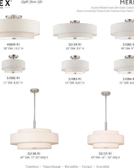 Livex Lighting Fabric Shade 52138-91 Meridian 5 Light Brushed Nickel Pendant