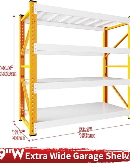 5000LBS Garage Shelving 59" W Garage Shelving Heavy Duty 4-Tier Metal Storage Shelves Adjustable Shelf Unit Storage Rack for Basement Supermarket Warehouse 59" W x 20" D x 78" H Orange-White