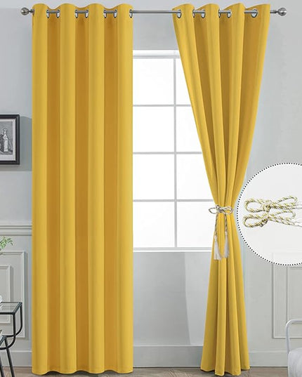 Yakamok Grommet Room Darkening Soft Thermal Insulated Mustard Yellow Blackout Curtains Window Panels for Bedroom, Width 52 Inch by Length 96 Inch, Two Curtain Panels