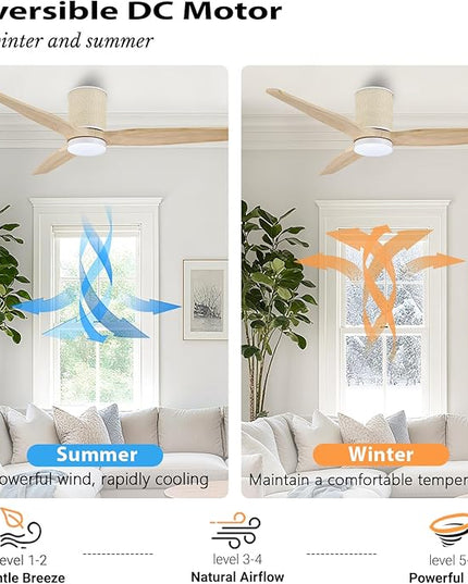 52" Ceiling Fan with Light - Low Profile Flush Mount Ceiling Fan, 6-Speed Remote Control, Solid Wood, Quiet Reversible DC Motor, Boho Style, for Bedroom, Living Room, Porch, Light Oak/White