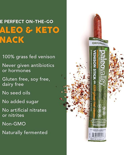 Paleovalley 100% Grass Fed Venison Sticks – 10 Pack – Keto-Friendly, High Protein, Low-Calorie Snack – Omega-3 Rich, Gluten-Free, Nitrate-Free, Naturally Flavored – Healthy On-the-Go Meat Snack