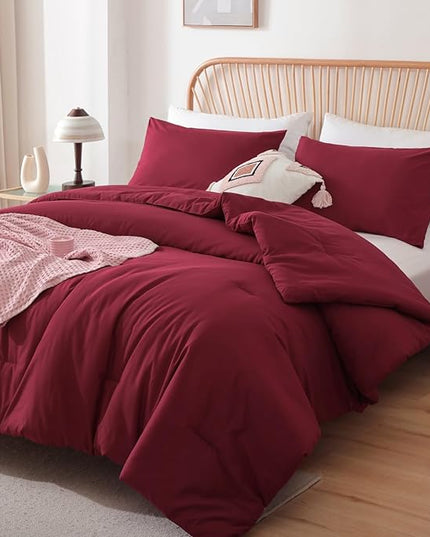 ROSGONIA Oversized King Comforter Dark Red, 3pcs (1 Boho Red Comforter & 2 Pillowcases) Lightweight Oversized King Size Comforter Sets Bedding Blanket