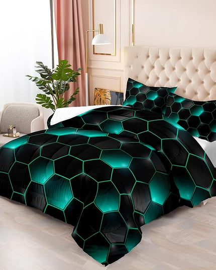 Geometric Black Green Neon Comforter Set,Light Honeycomb 3 Piece Bedding Set Twin for Teen Boys,Modern Bedding Quilt Set Geometry Decor,Microfiber Lightweight 1 Comforter 2 Pillowcases All Season