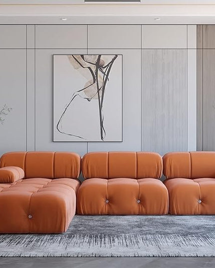 JACH 104" Sectional Couches for Living Room, L-Shaped Minimalist Velvet Sofas, Mid-Century Modular Sofa with Reversible Chaise Ottoman, Orange Sofas Furniture for Living Room, Apartment