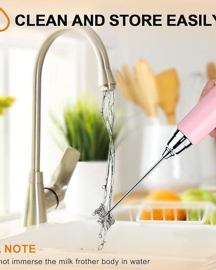 YUSWKO Pink Handheld Milk Frother Wand with Stand for Coffee, Rechargeable Electric Whisk with 3 Heads 3 Speeds Drink Mixer Coffee Frother For Latte, Cappuccino, Hot Chocolate, Egg