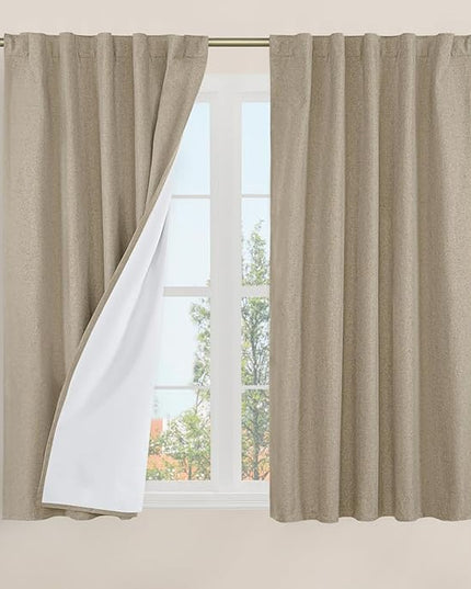 LAMIT Natural 100% Blackout Linen Curtains, 54 Inches Linen Textured Thermal Bedroom Curtains Back Tab and Rod Pocket Neutral Panels with White Liner for Farmhouse, 2 Panels, 42 x 54 Inch, Taupe