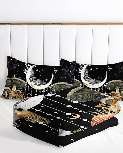 AILONEN Queen Bedding Set,Sun and Moon Boho Mushroom Comforter Set,Natural Wild Fungus Bedding Set for Kids Boys Girls,Bohemian Plant Comforter with 2 Pillowcases,3 Piece