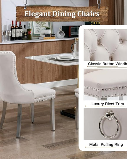 7 Piece Dining Table Set with 6 Beige Dining Chairs, Modern Glass Kitchen Table and Chairs Set for 6, 70" Rectangle Silver Glass Pedestal Dining Room Tables with Ring-Shape Stainless Steel Base
