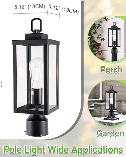 GRUENLICH Outdoor Post Lighting Fixture Pole Lantern, E26 Medium Base Max 60W, Metal Housing Plus Glass, Matte Black Finish, Bulb Not Included, 1 Pack