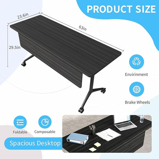 Conference Table, Folding Conference Room Tables on Wheels, Modern Meeting Seminar Table Computer Desk, Boardroom Desk for Office Meeting Conference Room,White (8, 1915D, 63)