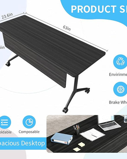 Conference Table, Folding Conference Room Tables on Wheels, Modern Meeting Seminar Table Computer Desk, Boardroom Desk for Office Meeting Conference Room,White (6, 1915D, 63)