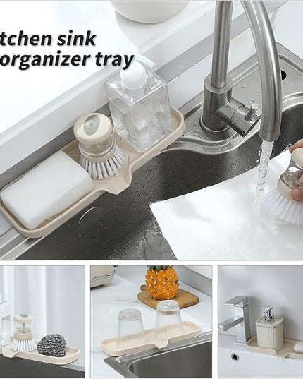 Silicone Bathroom Soap Dishes with Drain Spout-Bathroom and Kitchen Sink Organizer,Sponge Holder,Dish Soap Tray,Perfect for Dispenser,Scrubber,Bottle,Cup on Sink or Counter-Tapioca 12"×4"