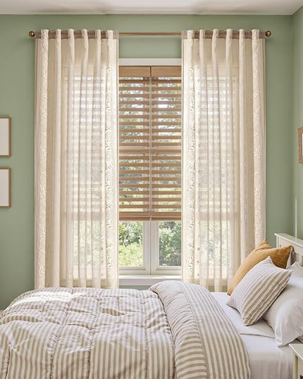 jinchan Winslow Beige Sheer Curtains 84 Inch for Bedroom Living Room Embroidered Bordered Floral Nursery Curtains for Playroom Dorm Light Filtering, Ivory on Beige, 2 Panels, 50W x 84L