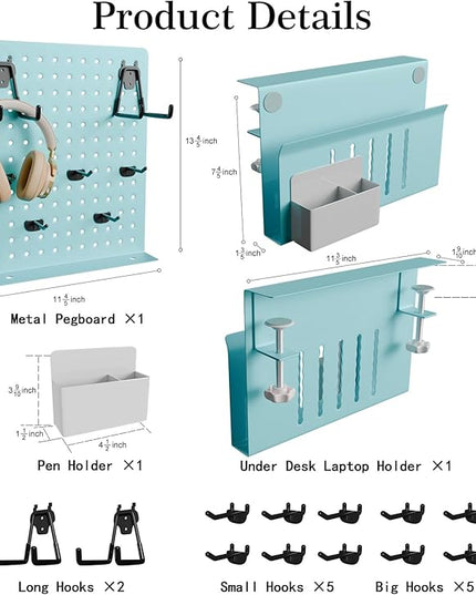 Desk Side Storage with Clamp-On Desk Pegboard, Steel Privacy Panel, No-Drill Desk Organizer with Pen Holder, Table-Side Laptop Holder for Office and Home (Blue)