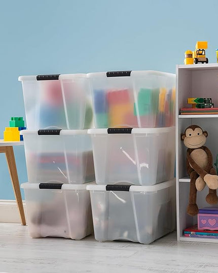 IRIS USA 40 Qt Stackable Plastic Storage Bins with Lids, 6 Pack - BPA-Free, Made in USA - Discreet Organizing Solution, Latches, Durable Nestable Containers, Secure Pull Handle - Pearl