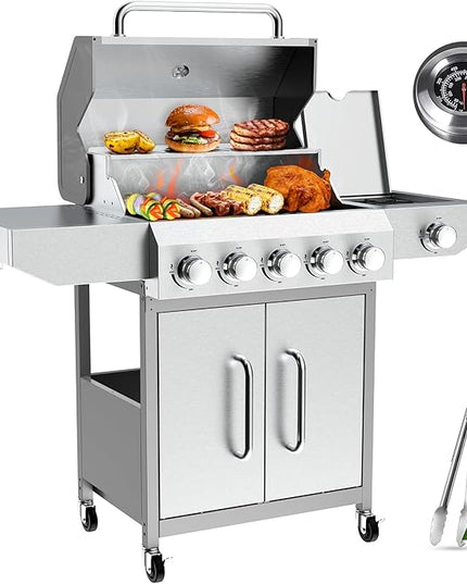 BESTFIRE 68,000 BTU 5+1 Burner Propane Grill - Stainless Steel BBQ with 647 sq in UPGRADED OIL-DRAIN Plates, Cast Iron Grates, Side Burner + FREE Food Clip for Outdoor Cooking