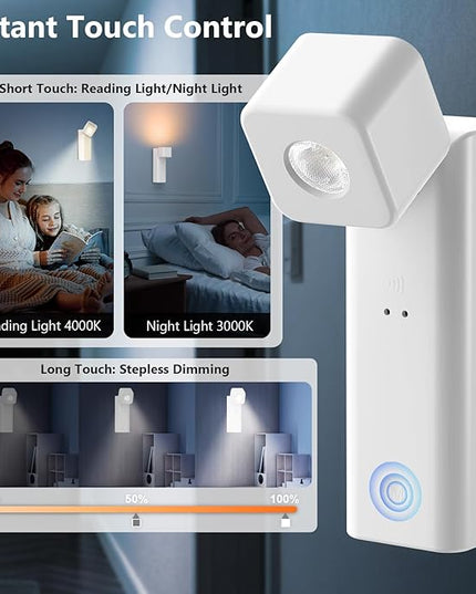 Rechargeable LED Night Light, Eye-Caring Motion Sensor 4000mAh Wall Lights, Dimmble Reading Lamps with Adjustable Angle, Battery Operated Night Light with Touch Control for Bedroom Nursery, 2-Pack