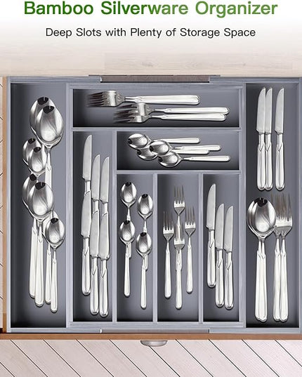 Pipishell Bamboo Expandable Drawer Organizer for Utensils Holder, Adjustable Cutlery Tray, Wood Drawer Dividers Organizer for Silverware, Flatware, Knives in Kitchen, Bedroom, Living Room(Grey)