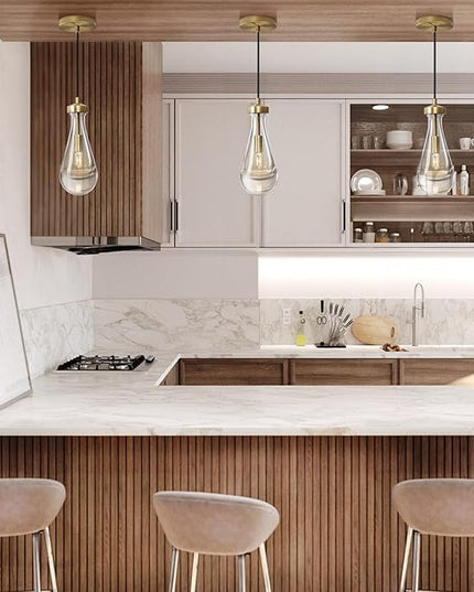 Raindrop Pendant Lights, Pendant Lights Kitchen Island, Brass Base Hanging Light Dining Room Light Fixture, Handblown Clear Kitchen Chandelier, Rope Pendant Lights for Living Room Hallway,E12 Bulb