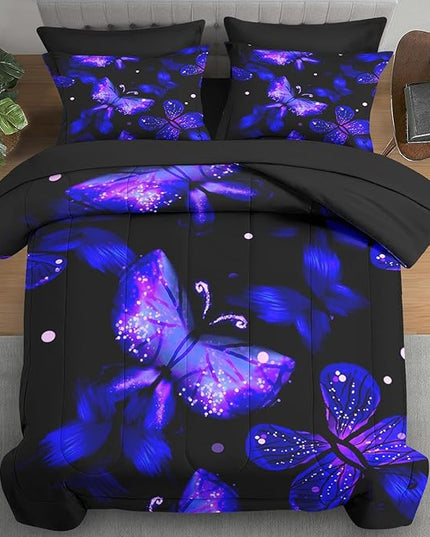 Comforter Set Twin Size, Purple Blue Galaxy 5 Pcs Bedding for Kids and Adults, Butterfly Flower Summer Bed Sheet Sets with Fitted Sheet Pillowcase & Sham for Bedroom Bed Decor